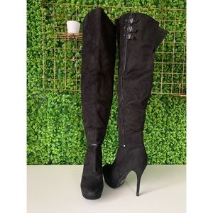 Black Suede Thigh-High Heel Boots